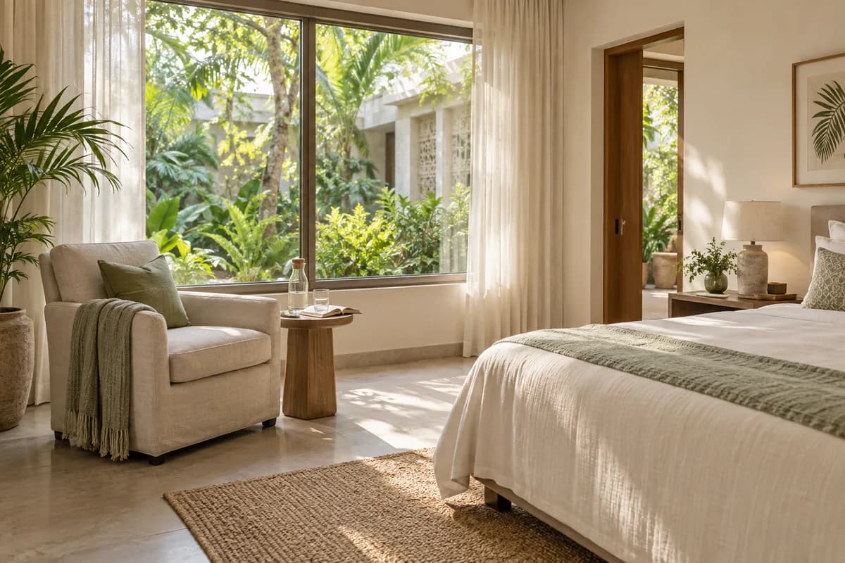 Illustrative light-filled guest room with natural materials and a leafy courtyard