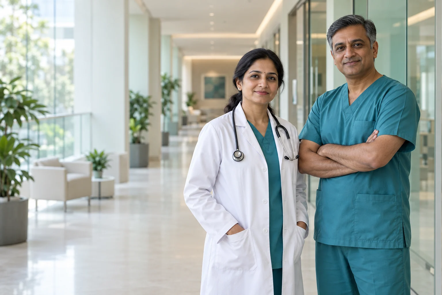 Illustration of fictional Indian medical professionals in a modern hospital