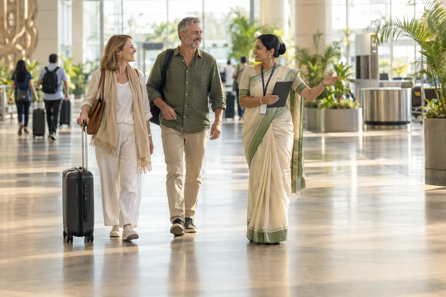 Illustrative airport coordinator welcoming an international traveler and companion