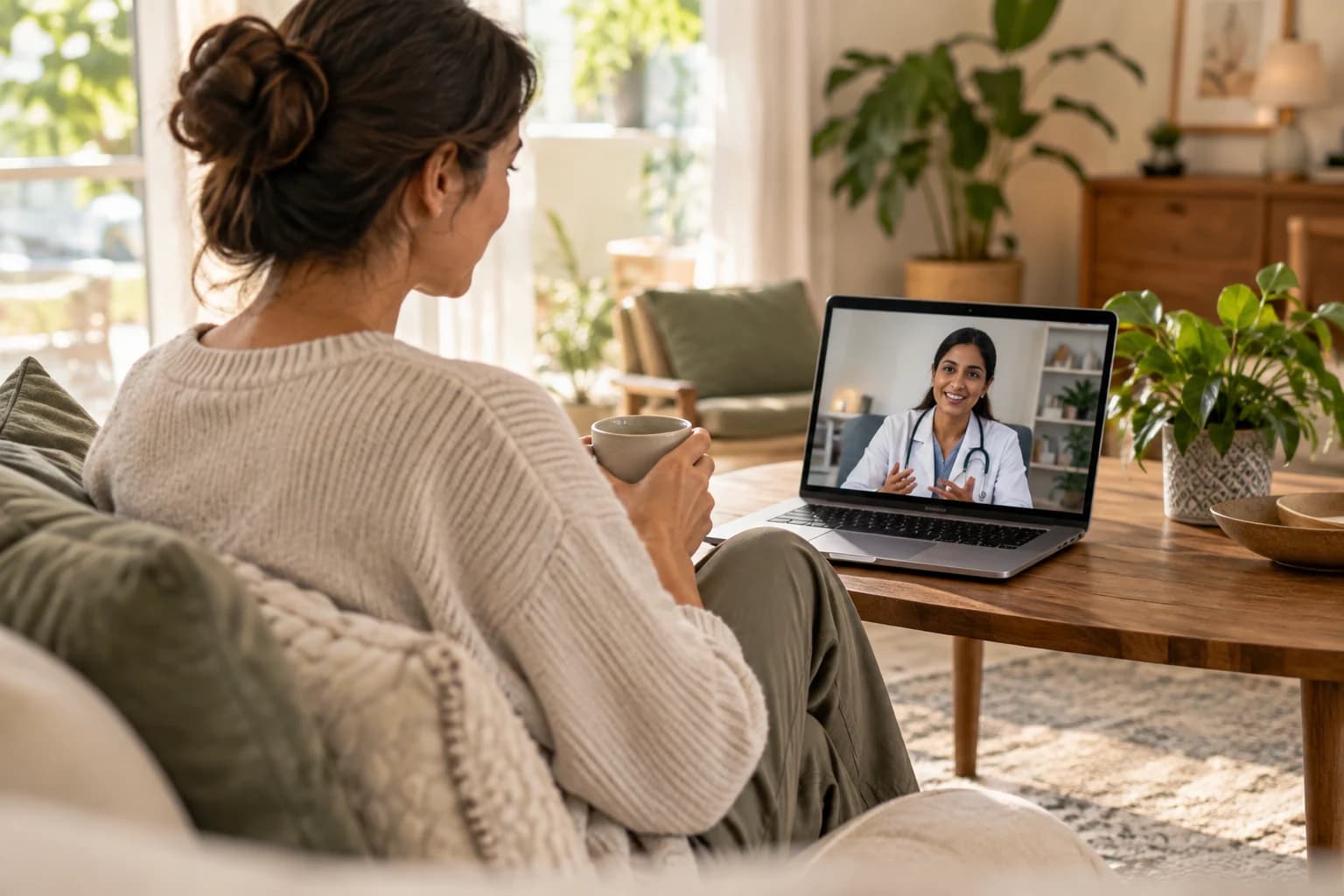 Illustrative patient at home in a video conversation with a clinician
