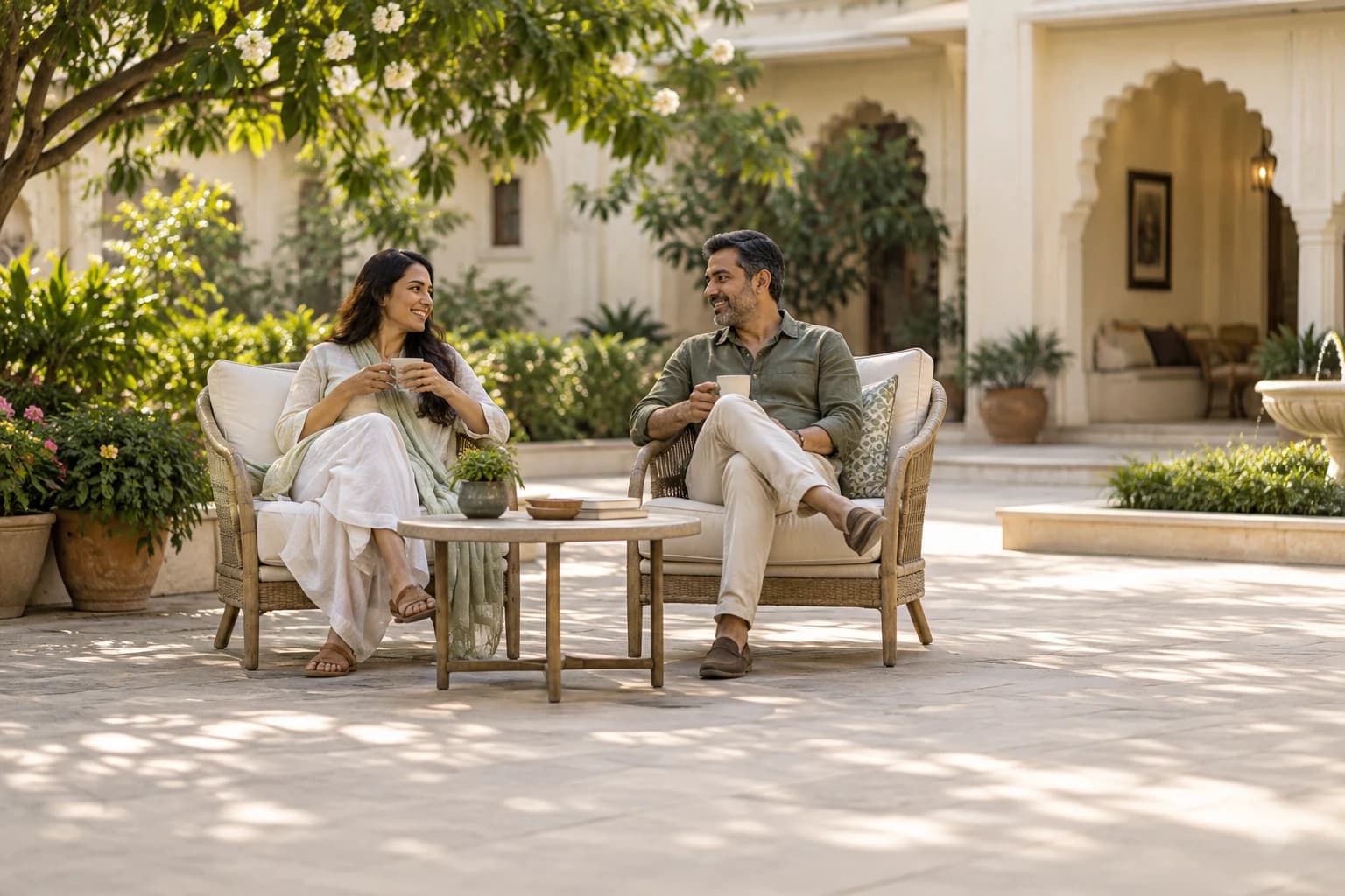 Illustrative traveler and companion relaxing in a leafy guest-house courtyard