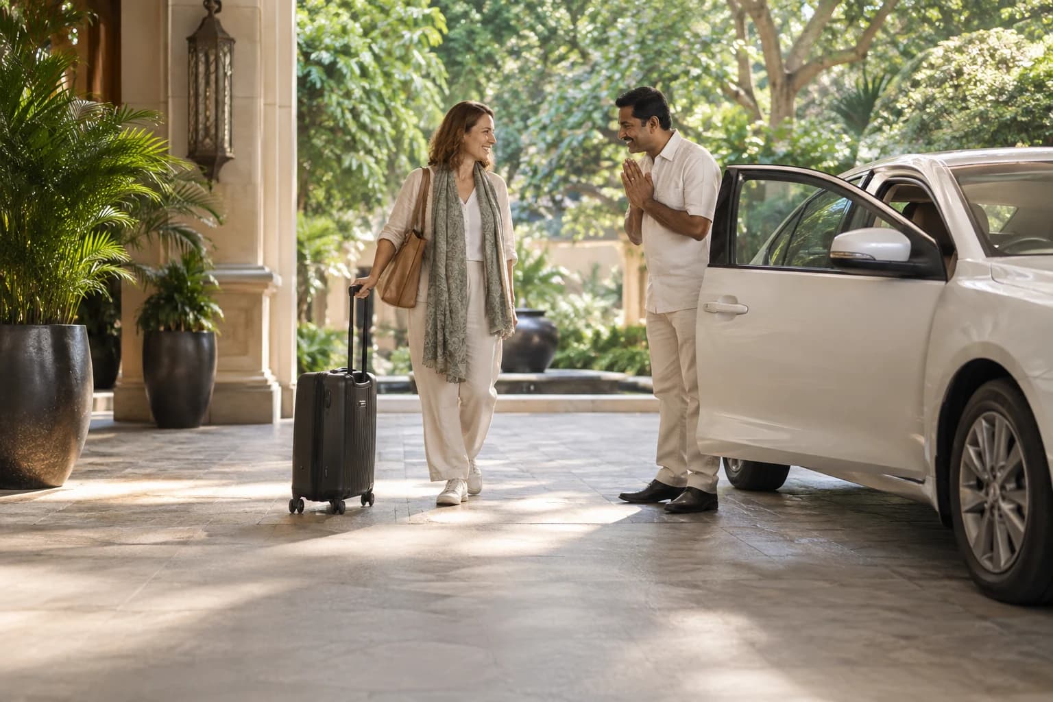 Illustrative traveler and driver beside a car at a leafy entrance in India
